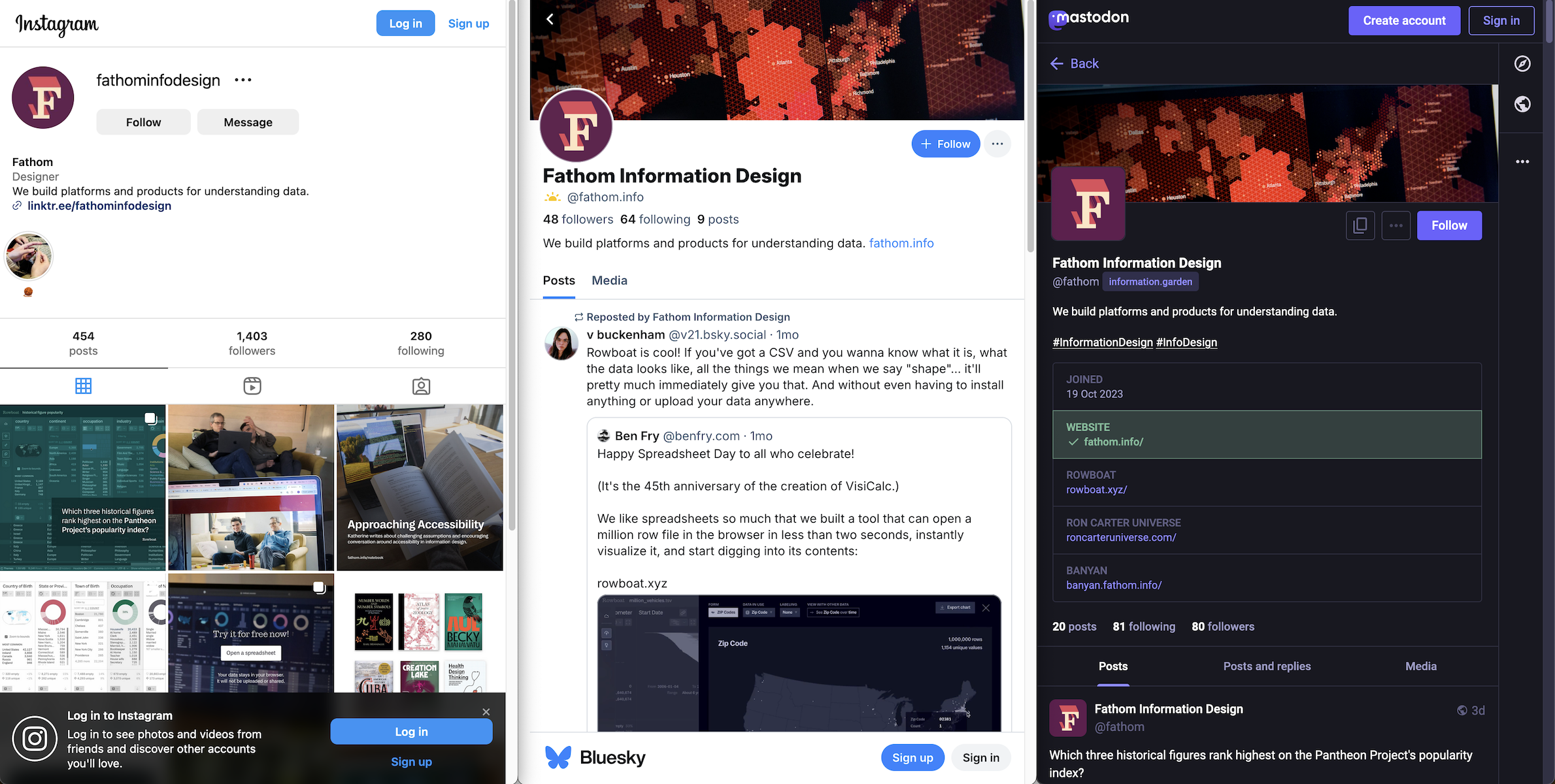 Our main social media profiles side-by-side: Instagram, Bluesky, and Mastodon